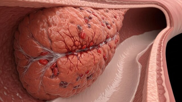 Detailed view of cerebral tissue displaying brain vessel damage. Ischemic stroke, hemorrhagic event, intracerebral hemorrhage, subarachnoid disruption, thrombotic infarction blocking blood flow.