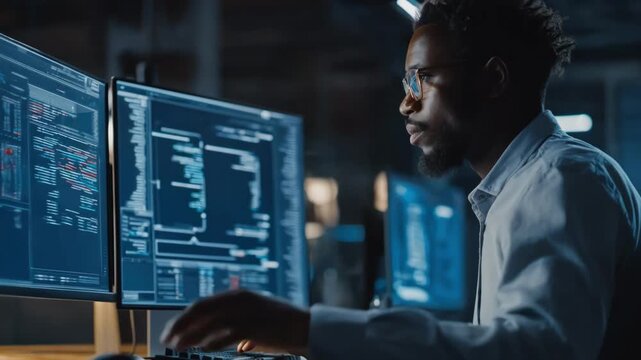 Focused medium shot of a specialist monitoring label status via cloud platform notifications emphasizing proactive management and quick adjustments.