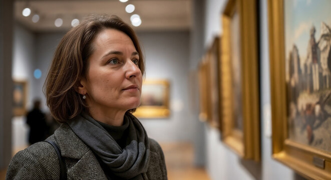 Woman engaged in museum visit, observing artworks in gallery space. Her thoughtful expression adds depth to this cultural museum visit experience, reflecting interest in art and history.