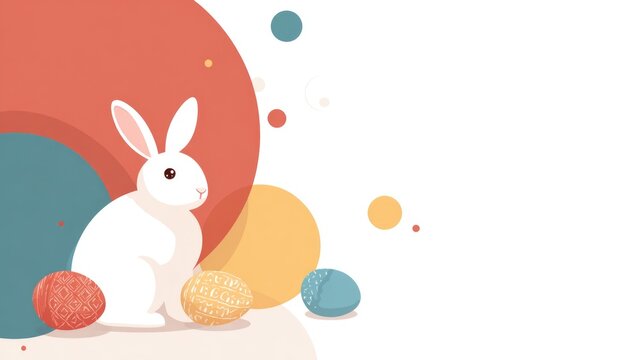 Cute white bunny with colorful easter eggs on a vibrant geometric background