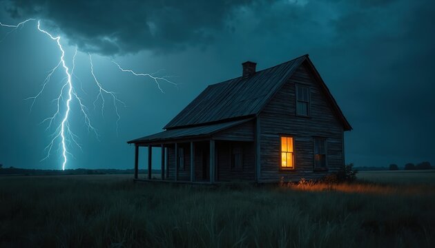 Old wooden house stands in a field at night. Lightning strike illuminates the dark sky. Warm light glows from a single window, offering refuge from the storm. Rural isolation and dramatic weather.