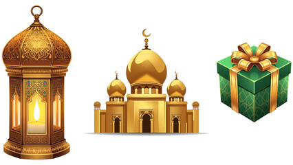 Obraz premium Ornate Islamic lantern glowing warmly with mosque domes and crescent moon, Islamic gift box wrapped in gold, isolated transparent background, editable vector artwork ai illustration file