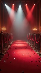 Naklejka premium Elegant red carpet illuminated by spotlights, lined with velvet ropes. Rose petals scattered across pathway, creating dramatic, luxurious atmosphere for special event celebration. Chandeliers add to