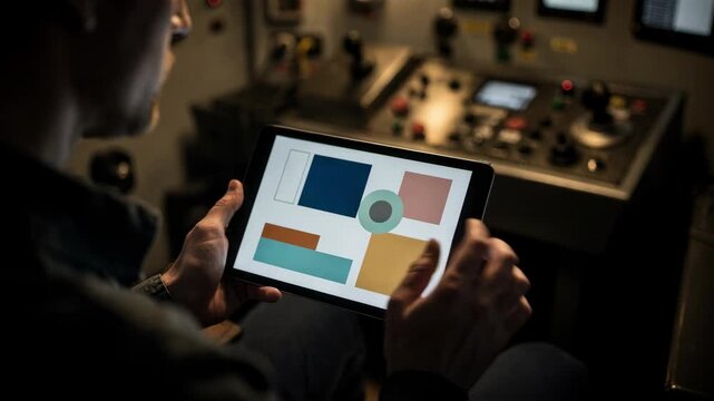 Medium angle showing a control tablet in focus displaying safety data held by a person inside a dimly lit cabin with the background softly blurred.
