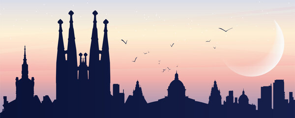 Obraz premium Barcelona skyline silhouette at sunset with Sagrada Familia, crescent moon and birds, soft pastel gradient sky, modern flat travel illustration background.