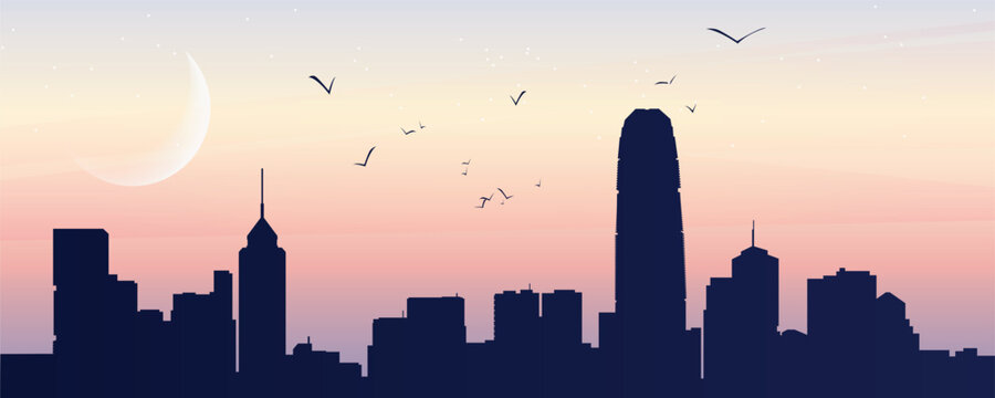San Francisco skyline silhouette at sunset with Salesforce Tower and downtown buildings, crescent moon and birds, soft pastel gradient sky, flat travel illustration.