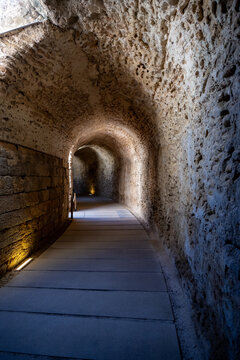 Stone vaulted passageway inside Roman theatre, Cadiz Spain