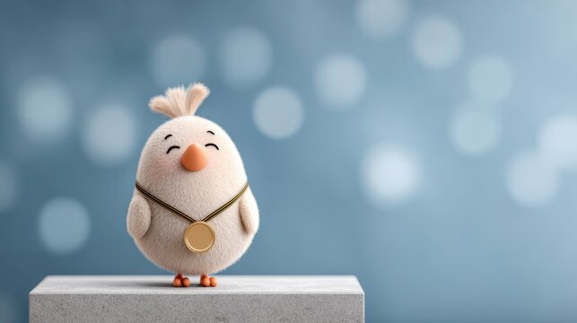 Plump peacock on pedestal, smiling joyfully, adorned with a golden medal, showcasing vibrant colors and charming claymation style in a whimsical setting