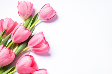 Fototapeta premium Beautiful pink tulips on white background, flat lay. Space for text