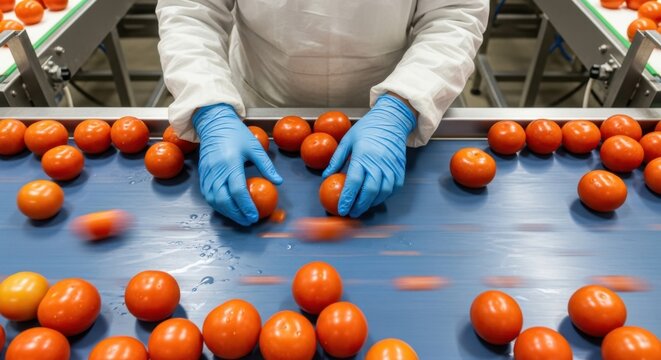 Factory worker hands in blue gloves sorting fresh tomatoes on conveyor belt during food manufacturing inspection