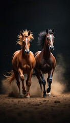 Obraz premium Two horses gallop together, kicking up dust with powerful strides. One horse chestnut, dark brown, both with flowing manes, tails. Run against dark background with intensity, grace. Muscles defined.