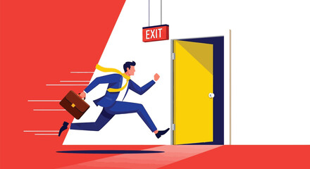 Businessman running out of office with briefcase