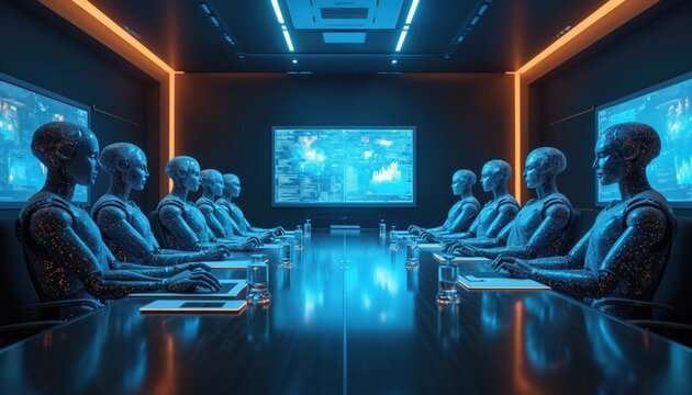 Robots in futuristic boardroom attend meeting. Digital AI figures sit at conference table. Cybernetic council discusses future tech data on screen. Automation and innovation is discussed.