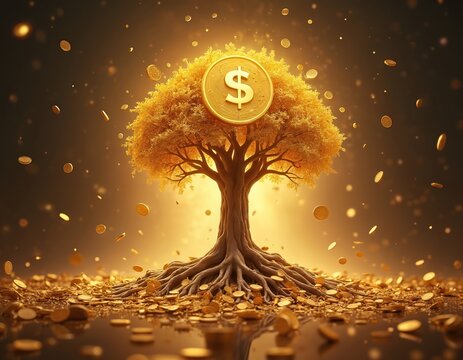 Golden tree with dollar symbol coin grows from pile of money. Gold coins fall like leaves from branches. Rich plant roots spread over wealth.