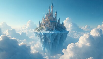 Obraz premium Fairytale castle rests on icy island floating high in blue sky amid soft clouds. Majestic architecture with spires and towers appears mystical and serene.