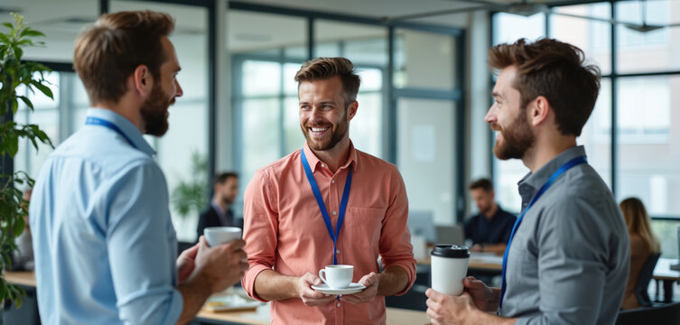Three men chat in modern office space with lanyards. They hold coffee cups and travel mugs, enjoying casual conversation. Sunlight streams through windows. Colleagues interact positively.