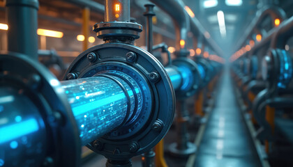 Fototapeta premium Close-up of industrial pipes with glowing blue digital data streams flowing inside a futuristic factory. Automation and technology are evident in this modern production line.