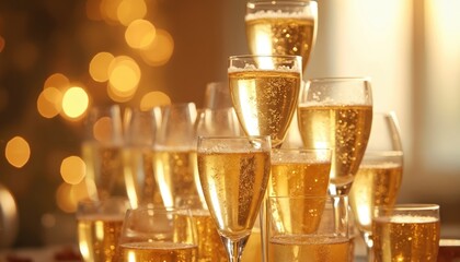 Fototapeta premium Champagne glasses arranged in a tower for celebration. Bubbles rise in golden liquid creating festive mood. Soft focus bokeh lights create warm, inviting atmosphere for holiday event.