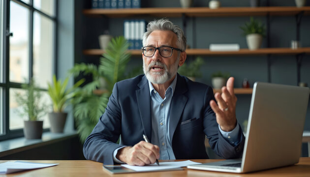 Mature businessman talks on video call laptop. Man in suit consults, coaches, or presents remotely from office. He gestures with hand, taking notes during virtual meeting.