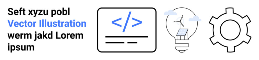 Code editor icon, eco-friendly energy light bulb with wind turbine, gear representing settings. Ideal for technology, programming, sustainability, innovation, renewable energy, development simple