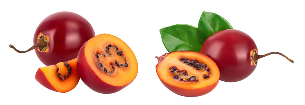 Fresh tamarillo fruit half isolated on white background