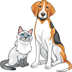 Siamese cat and Foxhound are best friends. Vector.eps