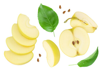 yellow apple with half isolated on white background. Top view. Flat lay .