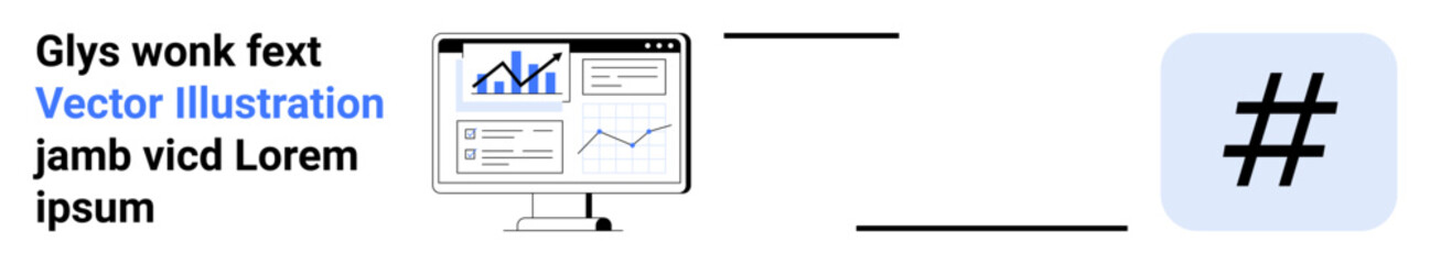 Obraz premium Analytics dashboard displaying data charts, and graphs next to a metadata tag icon. Ideal for marketing, social media, online trends, analysis, communication, branding, simple landing page