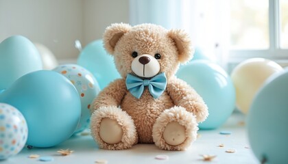 Fototapeta premium Fluffy teddy bear with blue bow tie sits on table surrounded by blue and cream balloons. Party decorations suggest happy childhood celebration or baby shower event.