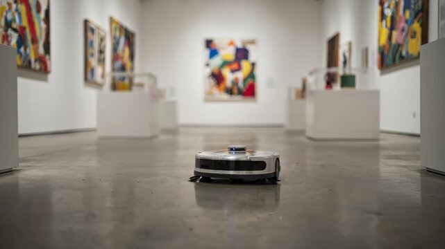 Detailed medium shot of a compact robotic cleaner working around gallery pedestals the robot and floor sharply focused while abstract art and wall textures dissolve subtly into the