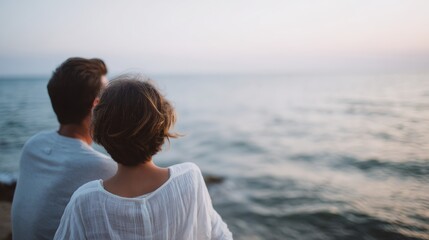 Fototapeta premium Man and a woman are sitting on a rock by the ocean
