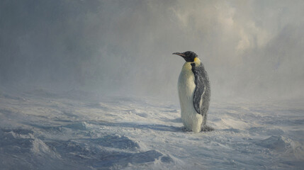 Obraz premium Emperor penguin standing on Antarctic ice with snowy landscape in natural light
