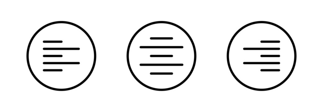 Menu icons in circle set, hamburger navigation buttons, list UI interface symbols, minimal outline design, Vector illustration.