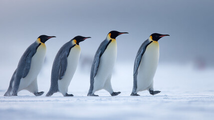 Obraz premium Emperor penguin walking across snowy antarctic landscape