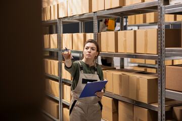 Fototapeta premium Woman staff member preparing goods for shipment in a small scale depot, handling e-commerce cargo and ensuring express delivery services. Checking parcels with inventory list clipboard.