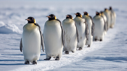 Obraz premium Emperor penguin walking across snowy antarctic landscape