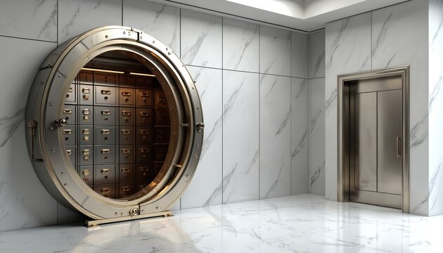 Circular vault door with small lockers inside bank interior. Marble walls and shiny floor. Metal elevator door nearby. Secure financial place.