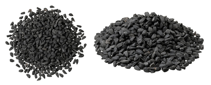 Nigella sativa or Black cumin isolated on white background. Top view. Flat lay