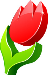 Naklejka premium Stylized red tulip flower illustration with green leaves and a shiny glossy finish on transparent background