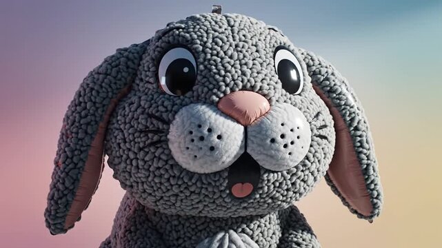 Close up of grey textured bunny character with gradient sky