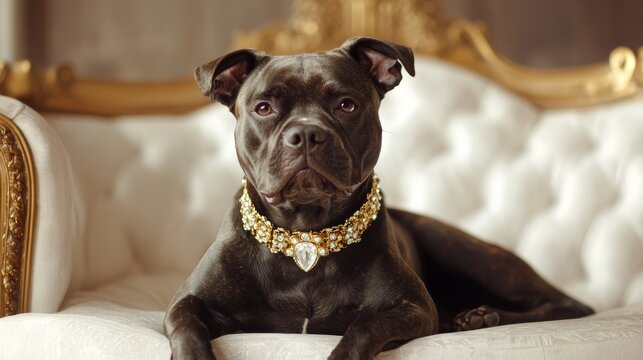 Regal canine rests on an elegant white couch adorned with lavish jewelry in warm, inviting light during a cozy afternoon Generative AI