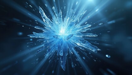 Fototapeta premium Abstract explosion of blue ice shards with bright light rays radiating outwards on dark background. Sharp frozen fragments scatter rapidly creating dynamic cold energy burst effect.