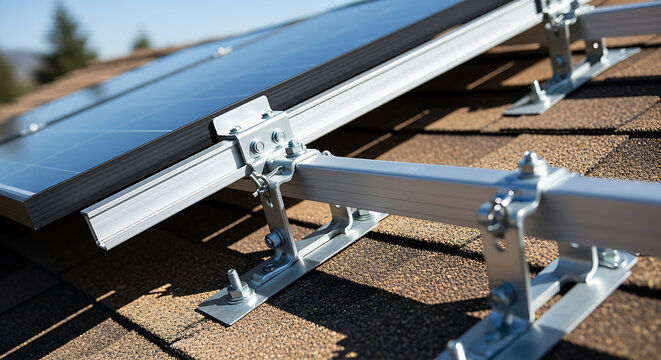 Closeup of solar panel mounting system on rooftop with metal clamps