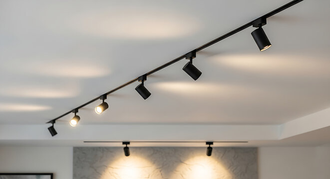 Modern track lighting system with multiple spotlights on ceiling