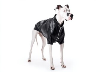 Fototapeta premium Great dane in black leather jacket standing against white background