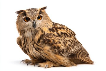 Fototapeta premium Majestic eurasian eagle-owl with intricate feathers and intense eyes on white background