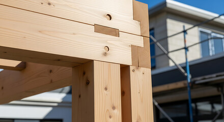 Naklejka premium Closeup of wooden beams on a house under construction with scaffolding