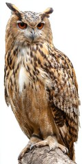 Majestic eurasian eagle-owl perched on a branch showing striking plumage and intense gaze
