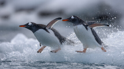 Fototapeta premium Pair of Gentoo penguins displaying territorial behavior on an iceberg in open sea