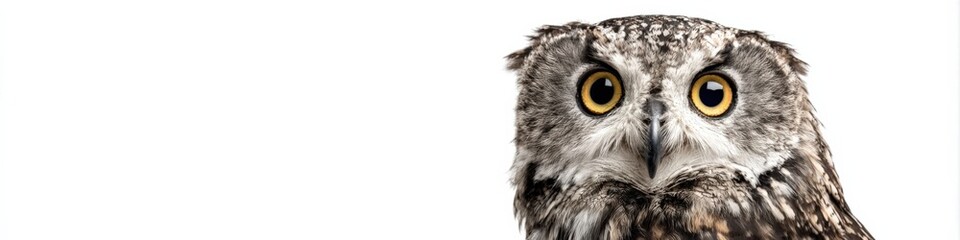 Fototapeta premium Close-up of a great grey owl with striking yellow eyes on white background